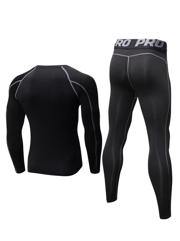 Men's Letter Tape Thermal Underwear Set, Long Sleeve Compression Top & Leggings, Casual Comfy Warm Underwear Set for Fall & Winter