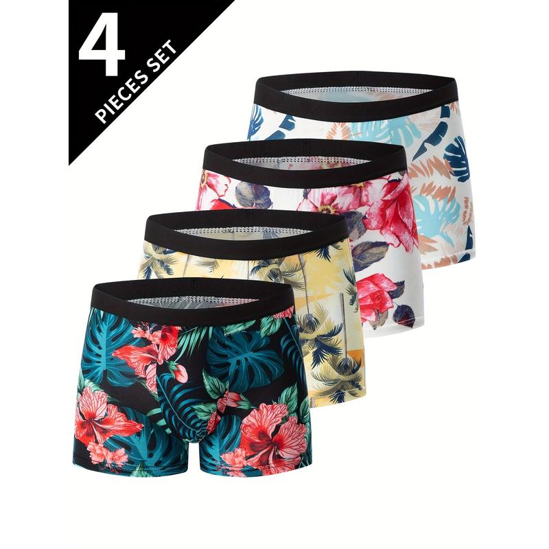 4pcs Breathable Boxer Briefs, Flower Pattern Men's Underwear, Casual Comfy Stretchy Sports Shorts