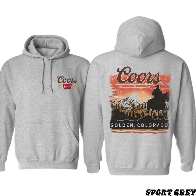 Coors Banquet Hoodie, Classic Western Design Featuring a Cowboy and Mountain Landscape, Perfect for Fans of Coors and the Spirit of the Wild West