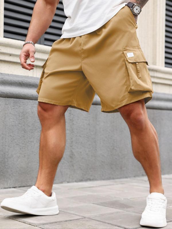 Men's Plus Size Solid Flap Pocket Cargo Shorts, Casual Elastic Waist Shorts for Daily Outdoor Streetwear, Summer Shorts, Plus Size Men's Bottoms for All Seasons