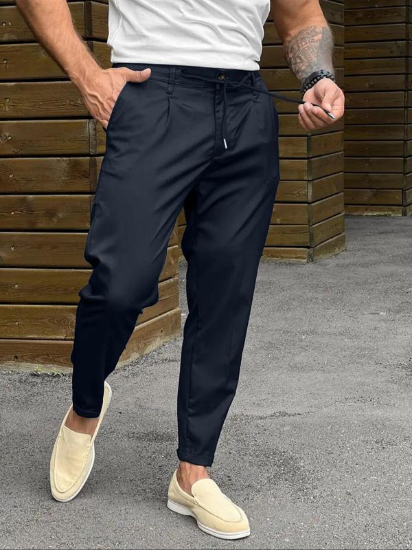 Men's Solid Drawstring Waist Pants, Casual Pocket Button Trousers for Work Office, Mens Slim Fit Bottoms for Summer, Menswear, Summer Clothes