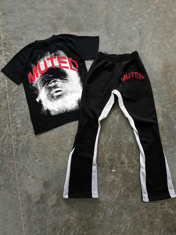 Men's Letter Print Tee & Pants Two-piece Set, Regular Fit Round Neck Short Sleeve T-shirt & Trousers, Casual Top & Sweatpants, Men's Clothing for Summer