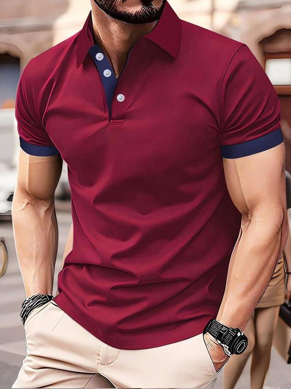 Men's Colorblock Short Sleeve Polo Shirt, Casual Contrast Binding Button Front Top for Summer, Fashion Men's Regular Fit Clothes for Daily Wear