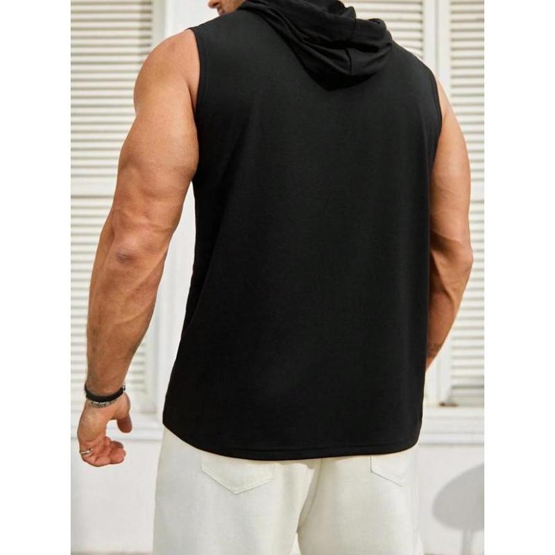 Men's Sleeveless Hooded Tank Top: Letter Print with Drawstring for Trendy Casual Style Fabric Menswear