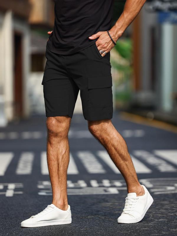 Men's Solid Pocket Cargo Shorts, Regular Fit Casual Elastic Waist Straight Leg Shorts, Summer Woven Bottoms for Men