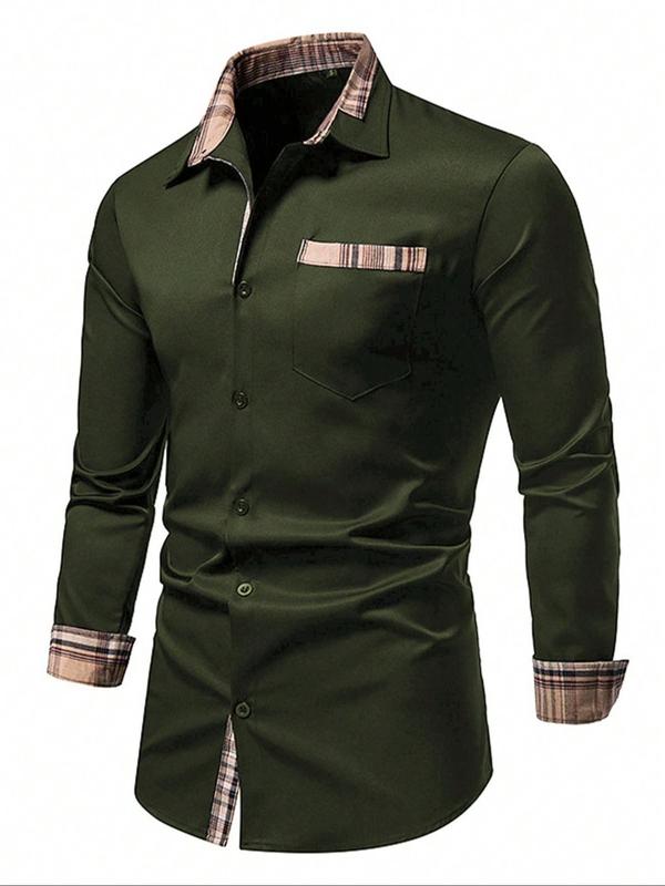 Men's Regular Fit Patchwork Print Button Front Shirt, Casual Long Sleeve Pocket Top for Summer, Menswear for Daily Wear