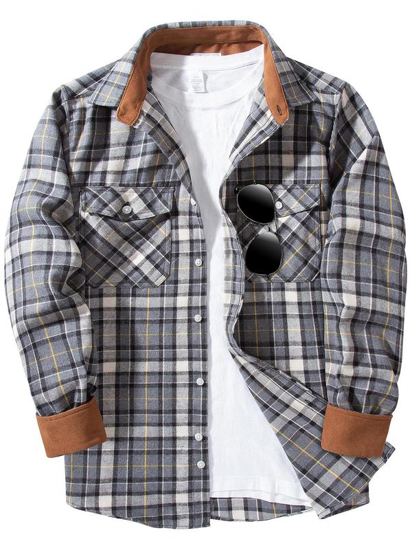 Men's Plaid Print Button Front Shirt, Shirts for Men, 2000s Shirts, Regular Fit Casual Long Sleeve Collared School Tops for Spring & Fall, Men's Clothes for Daily Wear