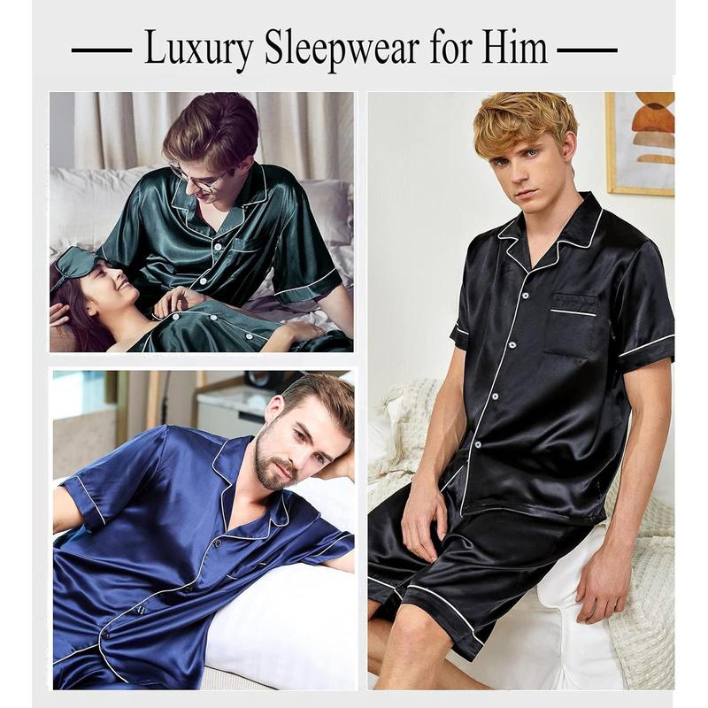 Men Satin Silk Pajamas Sets Short Sleeve Sleepwear Button-Down PJs Sets Two-Pieces Loungewear with Pockets