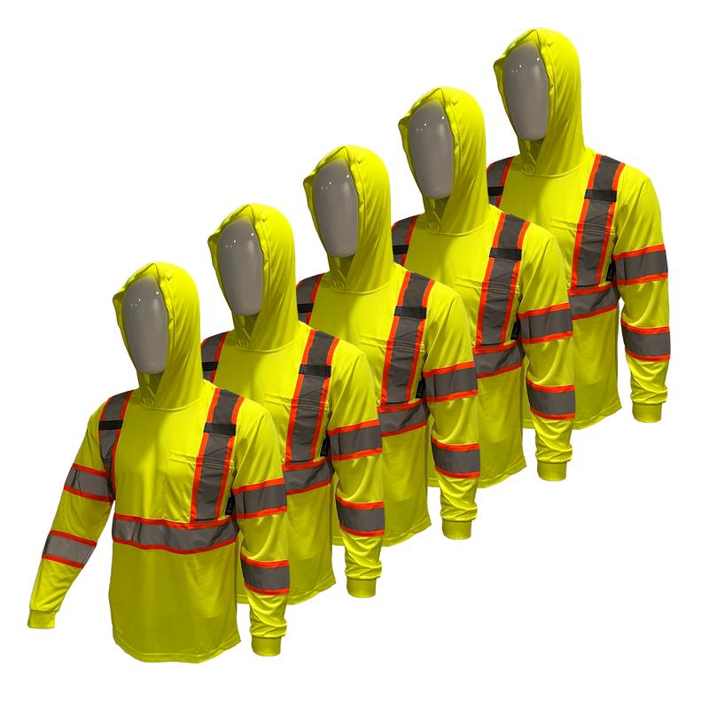 5 PACK SHIRT ST908 - High Visibility Hoodie Long Sleeve Safety Shirt with Hoodie Polyester Birdeye Mesh in Various Colors