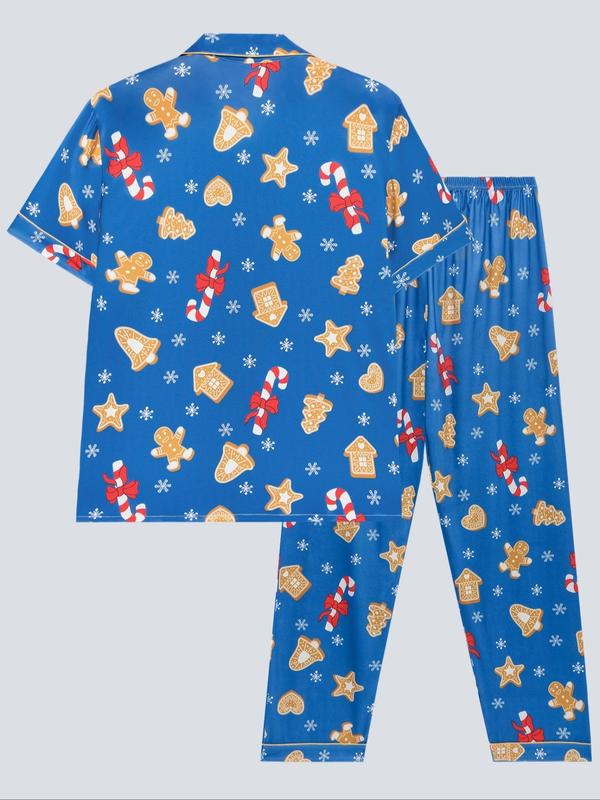 Two-piece Set Men's Christmas Print Lapel Neck Button Front Pajama, Regular Fit Casual Comfy Short Sleeve Pocket Top & Elastic Waist Pants Pj Set, Men's Sleepwear for All Seasons