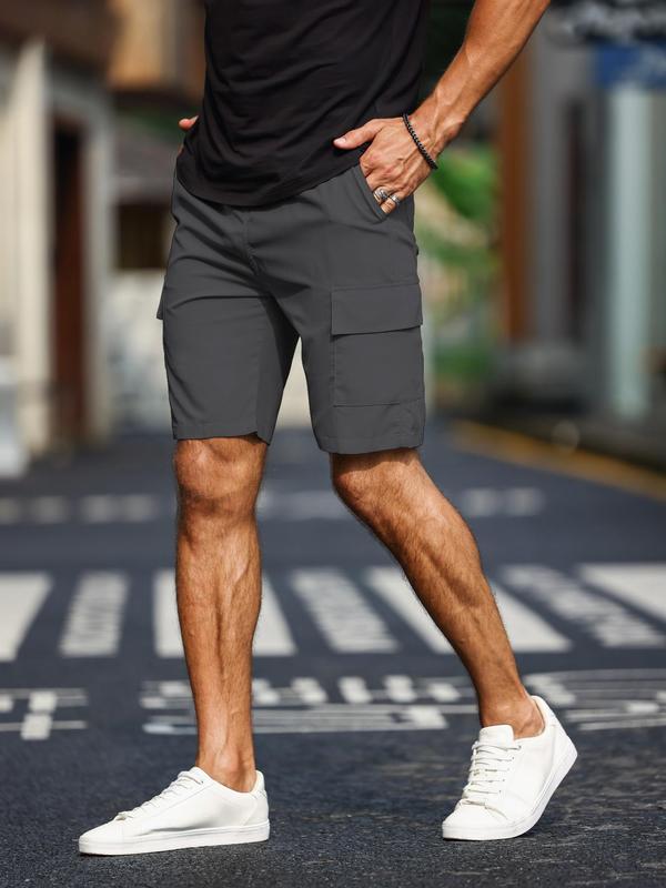 Men's Solid Pocket Cargo Shorts, Regular Fit Casual Elastic Waist Straight Leg Shorts, Summer Woven Bottoms for Men