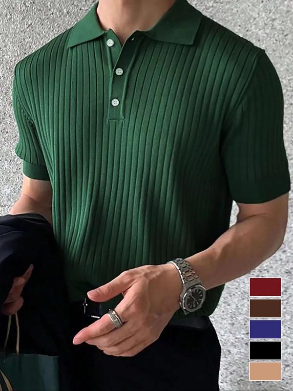 Men's Plain Textured Button Front Knit Top, Men's Clothing Outfits, Regular Fit Streetwear Plain Short Sleeve Collared Polo Top, Summer Clothes, Mens Clothing, Menswear Ginger And Green Shirt