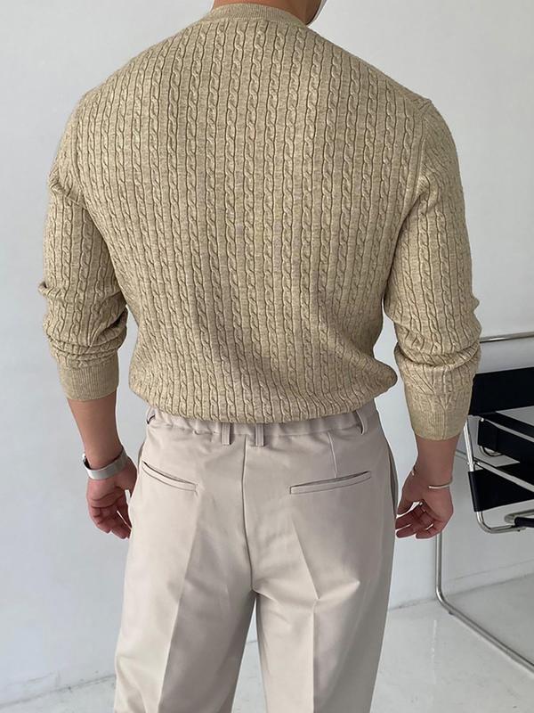 Men's Solid Textured Round Neck Sweater, Slim Casual Long Sleeve Crew Neck Jumper for Fall & Winter, Fashion Men's Knitwear for Daily Wear