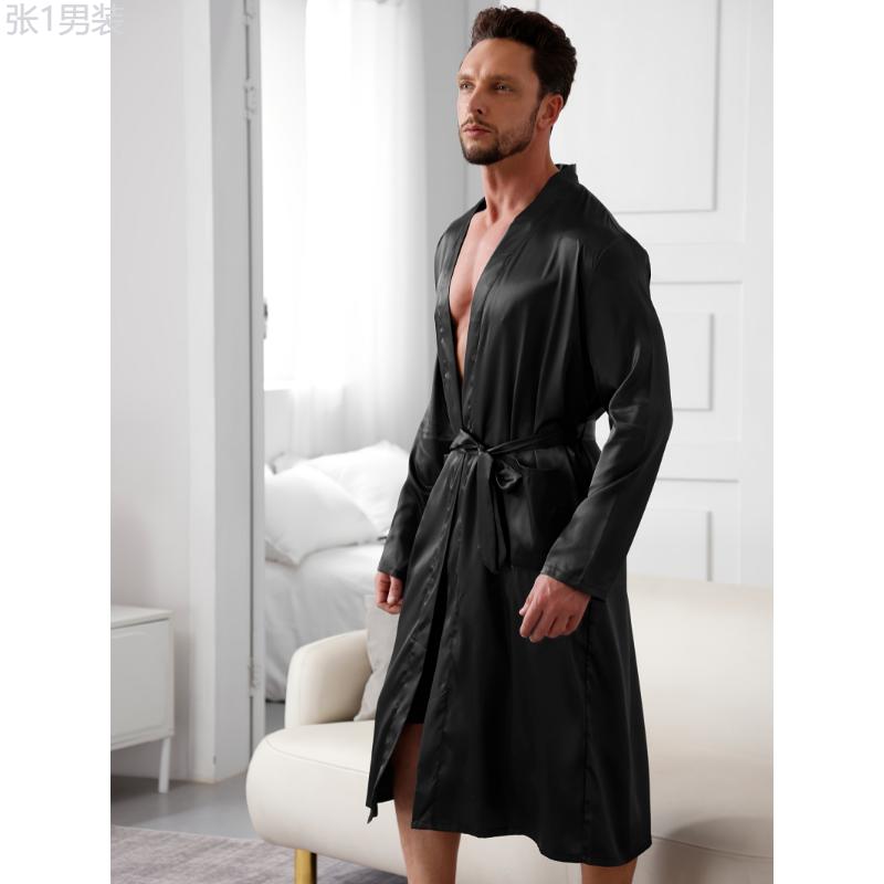 Men's Casual Robe Set, Comfortable Lounge Wear With Waist Tie, Ideal For Home & Bedroom Use Loungewear Menswear