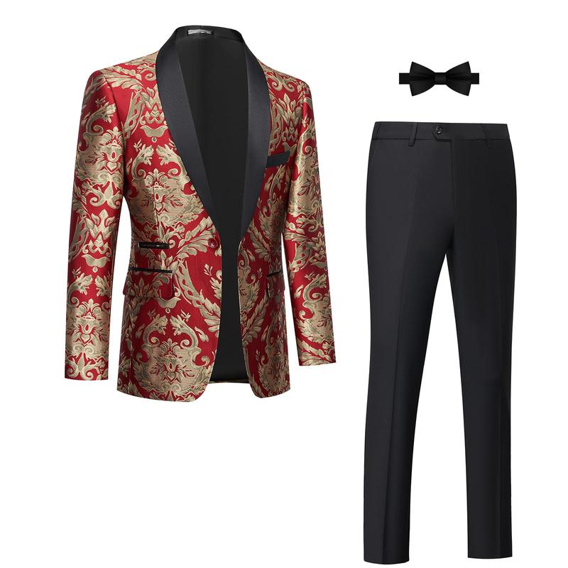 Tuxedo Suits for Men 2 Piece Regular Fit Suit Floral Blazer Jacket Waistcoat Pants Men Suit Set for Wedding Prom-Red& Gold