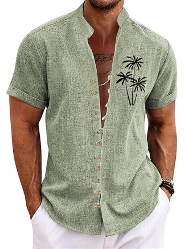 Men's Loose Coconut Tree Print Button Front Shirt, Casual Short Sleeve Mock Neck Top for Summer, Fashion Men's Streetwear Clothes for Daily Wear