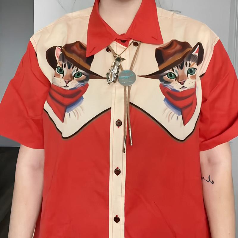 Unisex Vintage Classic Western Cowcat Cute Cat Cowboy Print Short Sleeve Shirt Collar Cotton