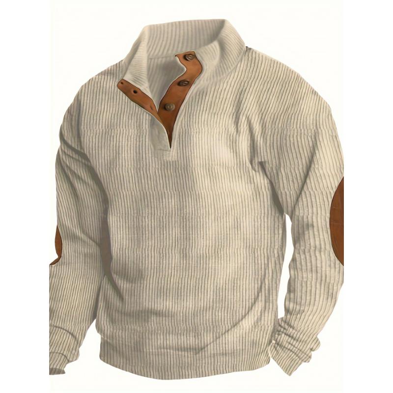 Men's Plus Size Cotton Knitted Striped Pullover With Buttons Detail, Casual Outdoor Tactical Style Stand Collar Long Sleeve Sweater Fabric Knitwear Menswear Polyester Stretch Tops Knife Beige Plain Fabric Knitwear