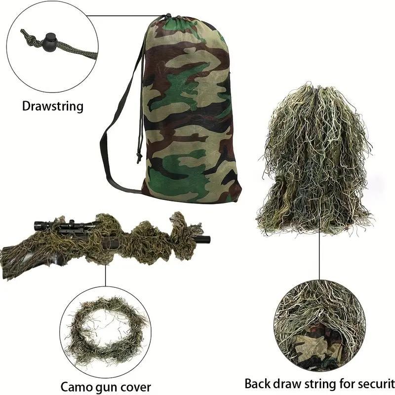 5-in-1 Ultimate Concealment Ghillie Suit, 3d Camouflage Apparel Lightweight, Breathable, Polyester Camouflage Clothing for Jungle Play, Cs, Bird Watching and Halloween Costume Prop, Perfect for Unisex Adults Youth