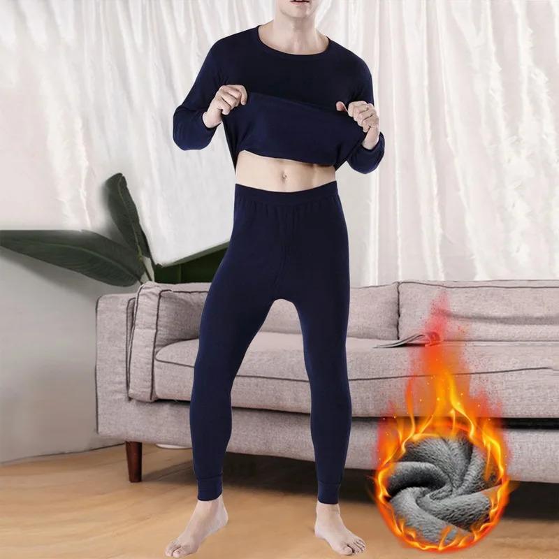 2pcs Set Men Winter Fleece-Lined Underwear Thermal Long Johns Thicken Warm Tops Pants Soft Comfortable Pajamas Man Clothing