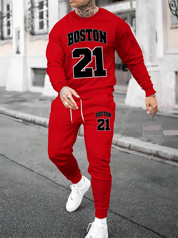 Men's Letter Print Drop Shoulder Sweatshirt & Drawstring Waist Pants Two-piece Set, Comfy Pants Outfits for Daily Outdoor Wear,  Outfit Sets for Men, Men's Fall & Winter Clothes