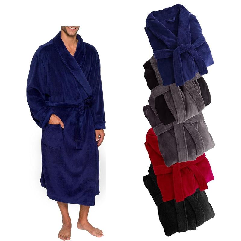Mens Robe Shawl Collar Wrap Style - Mid Length Plush Bathrobe Menswear Gowns