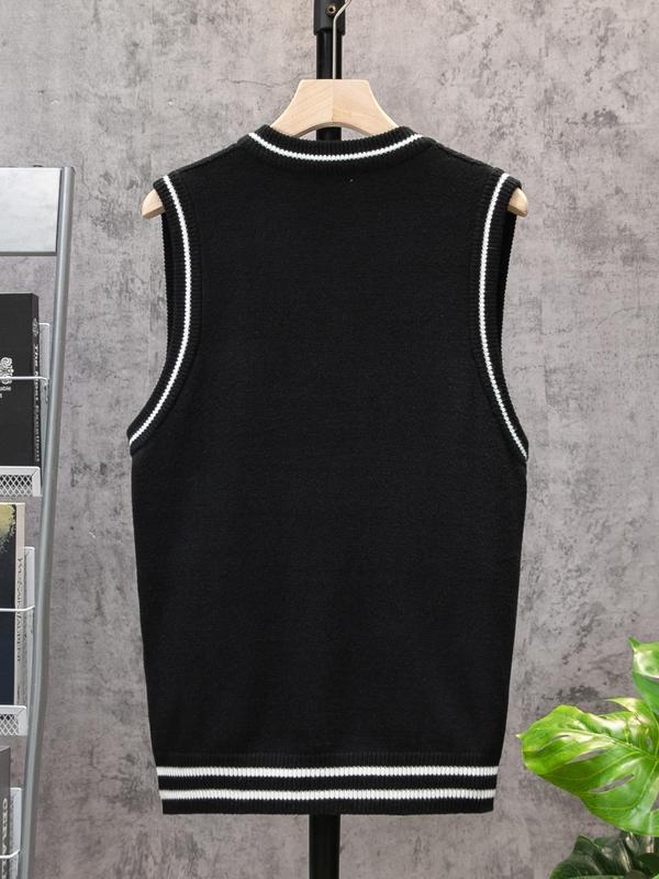 Men's Contrast Trim Textured V Neck Sweater Vest, Regular Fit Casual Soft Comfy Cable Knit Sleeveless Knitwear Top for Spring & Fall, Menswear for Daily Wear