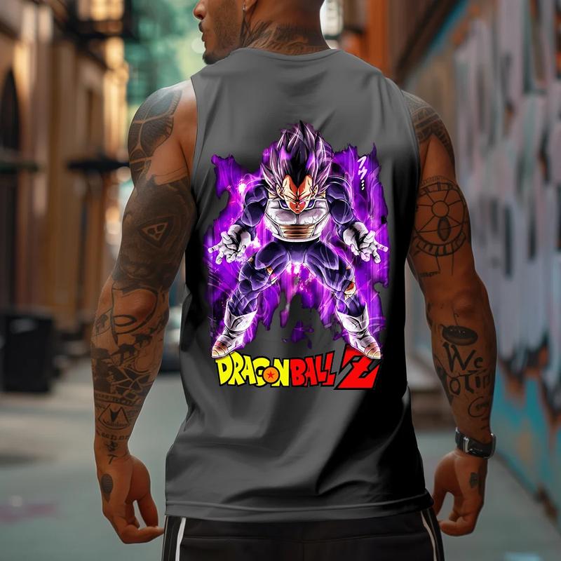 Casual Dragon Ball Anime Vegeta Print Tank Top, Manga Tank Top For Men, Anime Printed T-shirt, Anime Manga Shirt, DB Gift For Fans, Gift For Anime Lovers, Gift For Him, Gift For Her