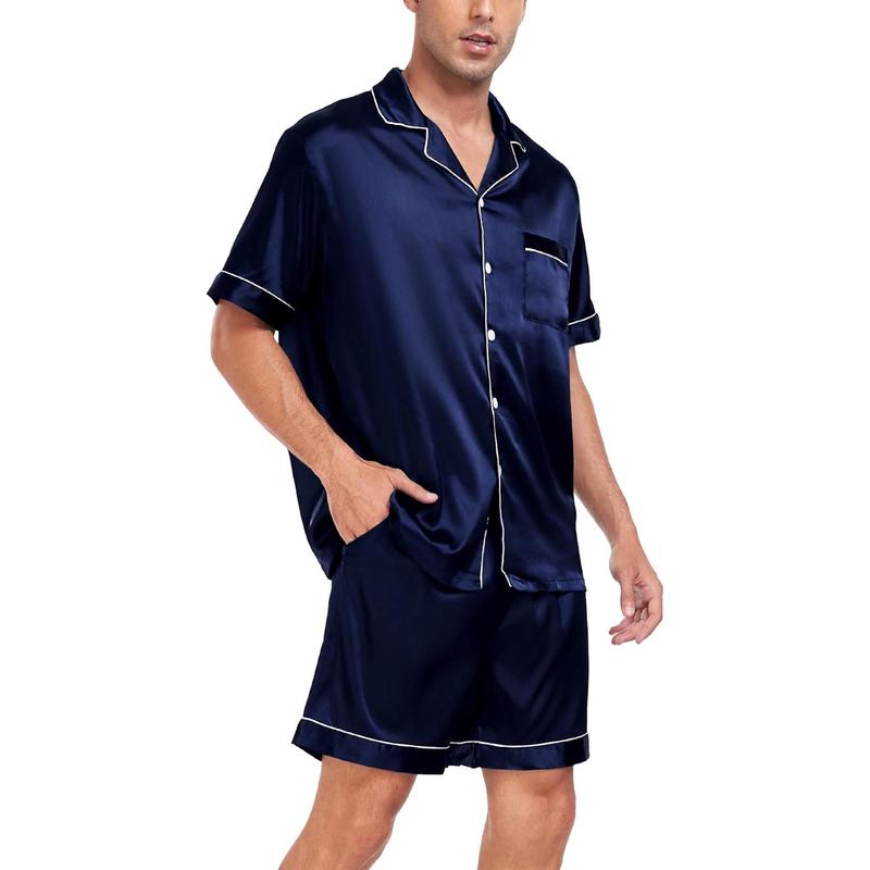 Men Satin Silk Pajamas Sets Short Sleeve Sleepwear Button-Down PJs Sets Two-Pieces Loungewear with Pockets