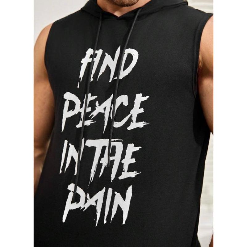 Men's Sleeveless Hooded Tank Top: Letter Print with Drawstring for Trendy Casual Style Fabric Menswear