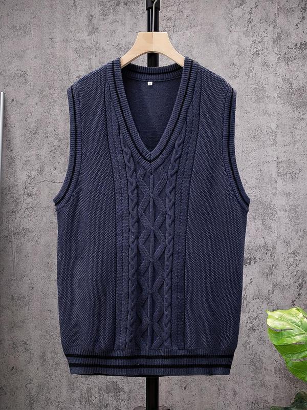 Men's Contrast Trim Textured V Neck Sweater Vest, Regular Fit Casual Soft Comfy Cable Knit Sleeveless Knitwear Top for Spring & Fall, Menswear for Daily Wear