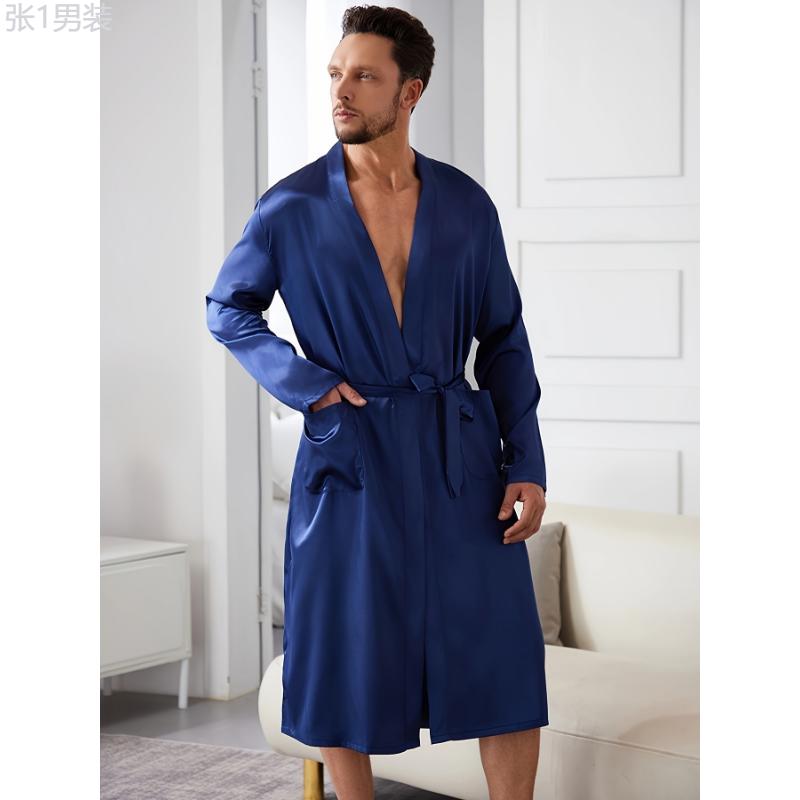 Men's Casual Robe Set, Comfortable Lounge Wear With Waist Tie, Ideal For Home & Bedroom Use Loungewear Menswear