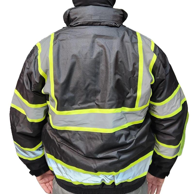 High Visibility Reflective Black Safety Bomber Jacket with Quilted Insulation (SIZE WELL)