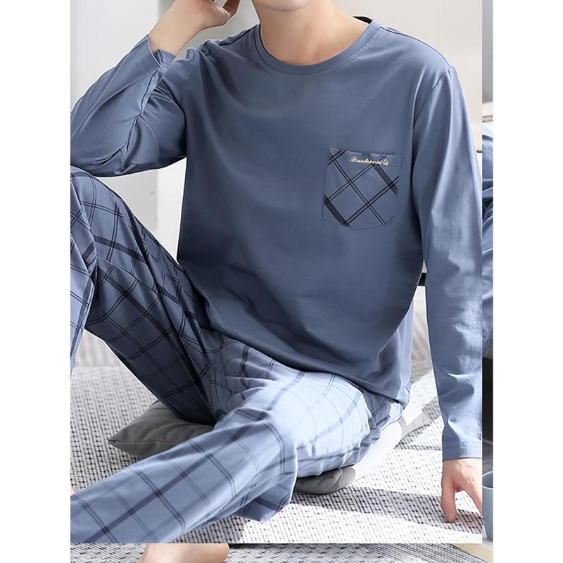 New-1 Set of Men's Classic Comfortable Plaid Pajamas: Soft, Skin-Friendly Long Sleeves & Trousers for Home Wear Loungewear Menswear