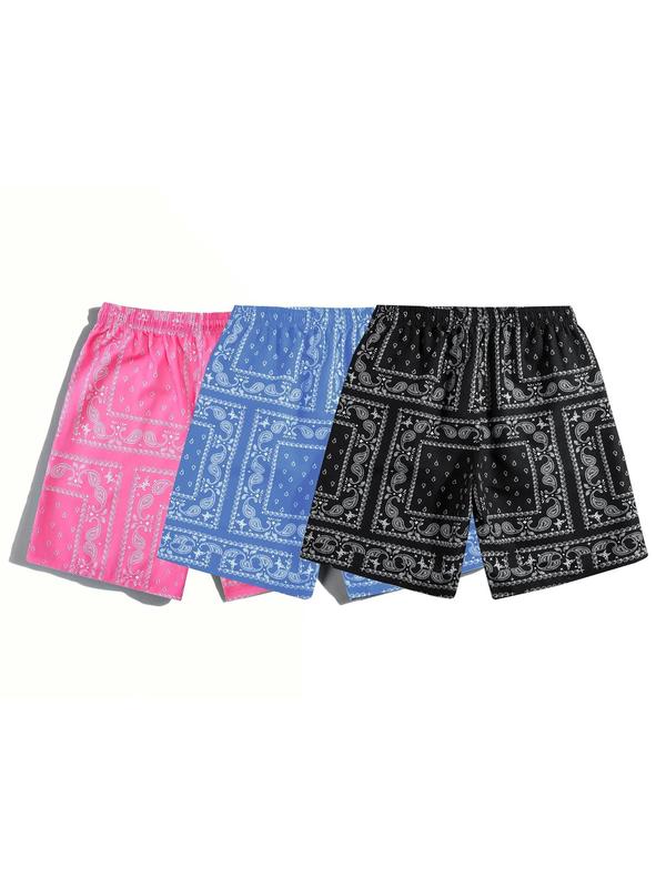 Men's Ethnic Paisley Pattern Drawstring Shorts, Summer Clothes, Stylish Paisley Print Elastic Waist Swim Trunks, Going Out Outfit, Back To School Summer Beach Shorts for Casual Vacation Holiday, Menswear Clothing, Men Drippy Outfits, Lazy School Outfit