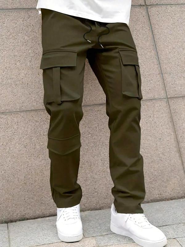 Men's Solid Pocket Drawstring Waist Cargo Pants, Regular Fit Casual Street Fashion Multi-Pocket Trousers for Daily Wear, Men's Bottoms for All Seasons