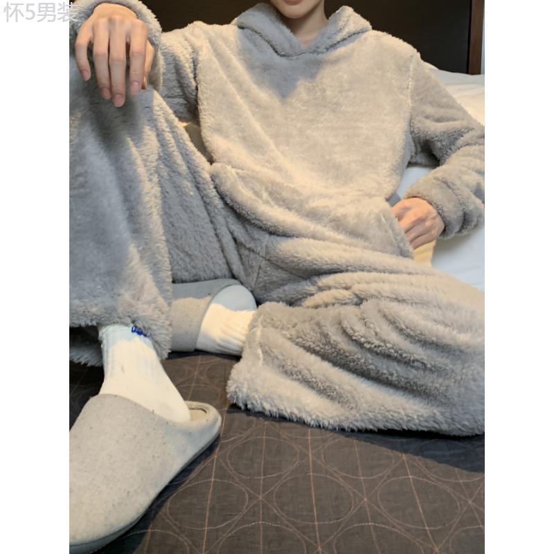 Cozy Flannel Pajama Sets for Men - Soft, Warm, and Comfortable Lounge Wear with Long Sleeve Hoodies Pullover Top and Loose Fitting Pants for Relaxation and Sleep - Perfect for Cold Winter Nights Fabric Loungewear Menswear Nightwear Collar Polyester Pjs