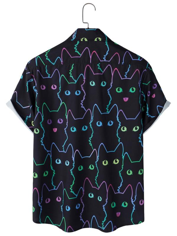 Men's Loose Cartoon Cat Print Button Front Shirt, Casual Short Sleeve Collared Top for Summer, Fashion Men's Clothes for Holiday Vacation