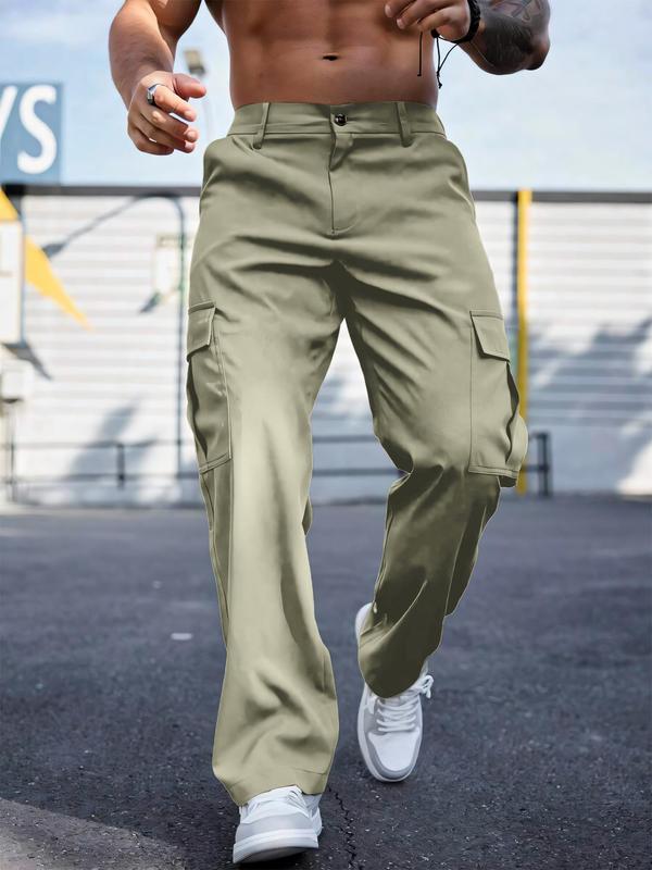 Men's Solid Flap Pocket Cargo Pants, Loose Casual Button Design Trousers for Daily Wear, Fashion Men's Bottoms for All Seasons