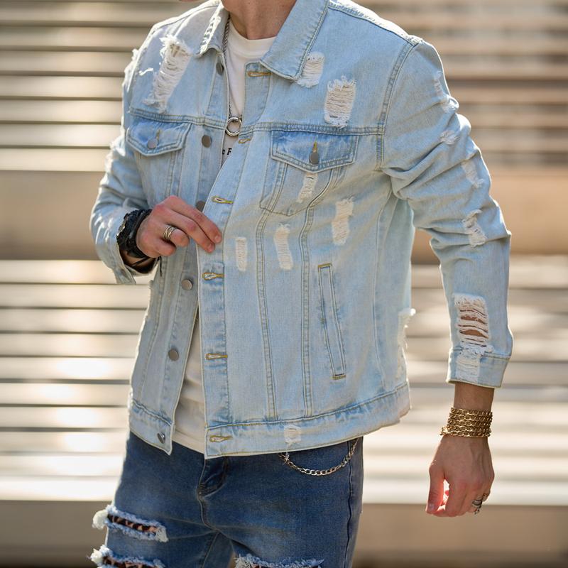 Streetwear Men Ripped Solid Slim Denim Jacket High Quality Male Holes Motorcycle Casual Denim Jacket Coat Long Sleeve Midi Beige Tops Human Menswear Underwear Longsleeves