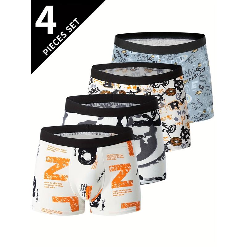 4pcs Breathable Boxer Briefs, Flower Pattern Men's Underwear, Casual Comfy Stretchy Sports Shorts