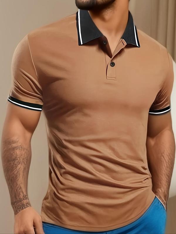 Men's Patchwork Short Sleeve Polo Shirt, Regular Fit Casual Streetwear Button Front Top, Summer Clothes for Men