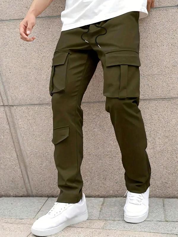 Men's Solid Pocket Drawstring Waist Cargo Pants, Regular Fit Casual Street Fashion Multi-Pocket Trousers for Daily Wear, Men's Bottoms for All Seasons