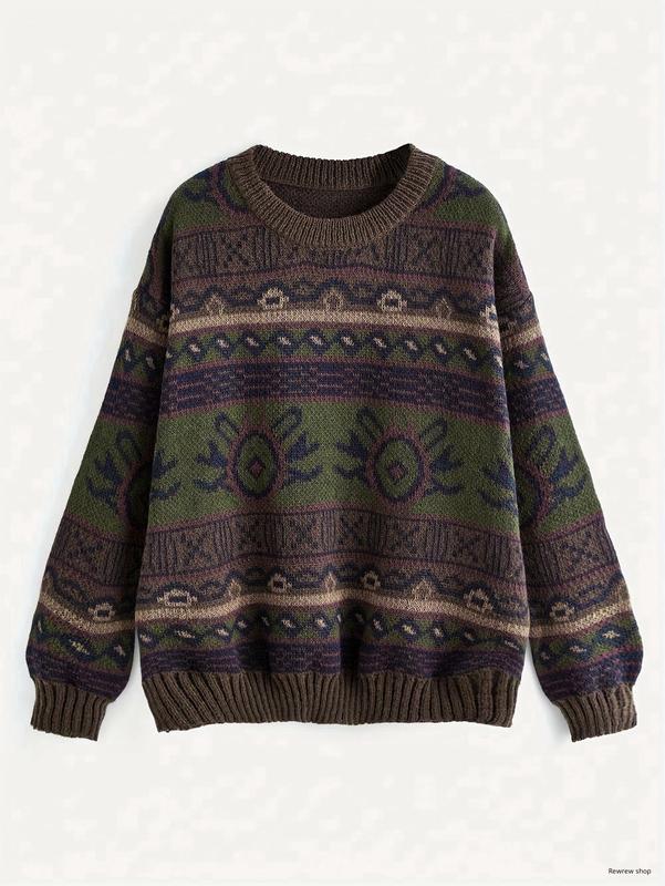 Vintage Crew Neck Sweater - Soft Micro Elastic Polyester Knit Fabric, Random Printed Solid Color, Casual Long Sleeve for Fall & Winter