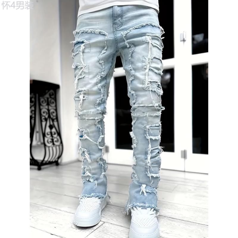 Y2k Inspired Mens Stretch Denim Jeans - Hip Hop Raw Trim, Comfortable Casual Street Style Pants Menswear Spandex