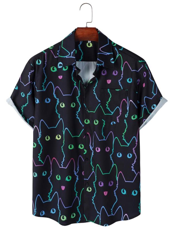 Men's Loose Cartoon Cat Print Button Front Shirt, Casual Short Sleeve Collared Top for Summer, Fashion Men's Clothes for Holiday Vacation