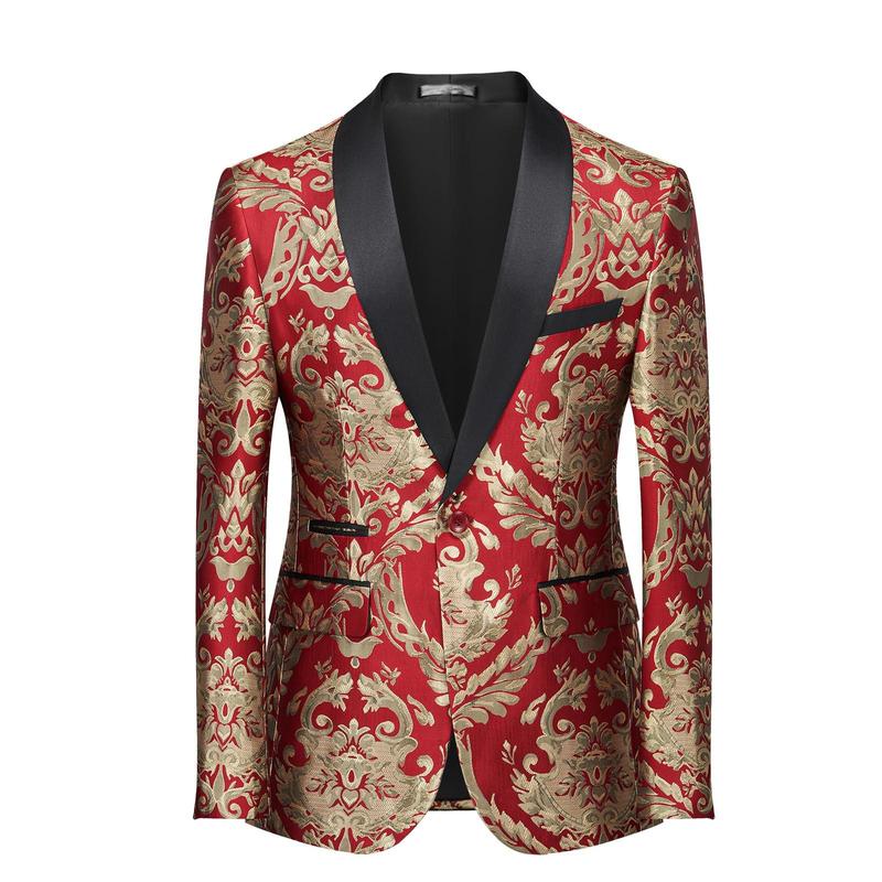 Tuxedo Suits for Men 2 Piece Regular Fit Suit Floral Blazer Jacket Waistcoat Pants Men Suit Set for Wedding Prom-Red& Gold