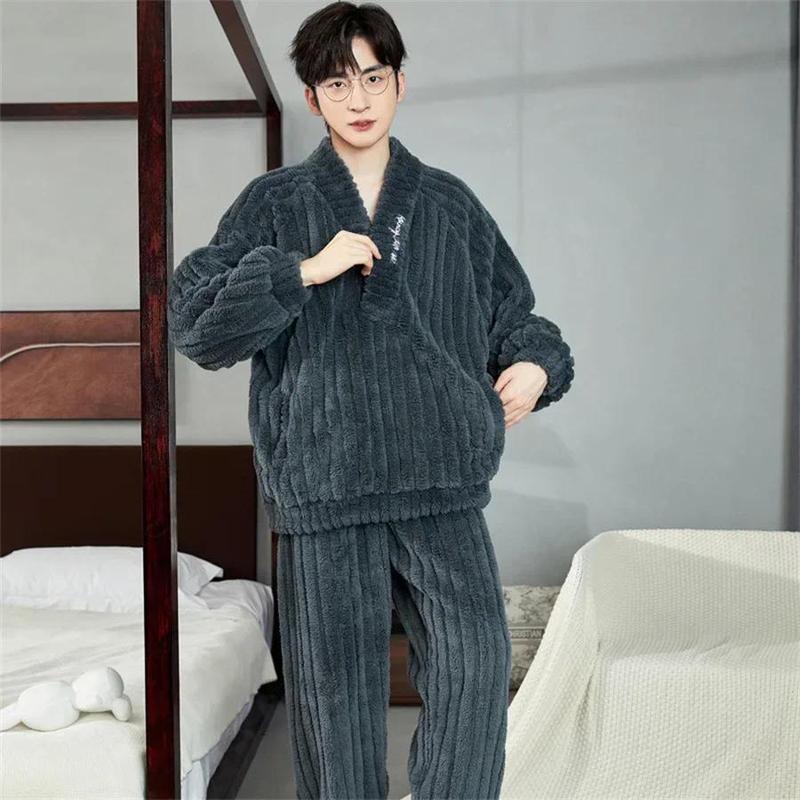 2024 New Winter Warm Coral Fleece Men Pajamas Set Fluffy Tops + Long Pants Sleepwear for Sleeping 2 Piece Homewear Loungewear