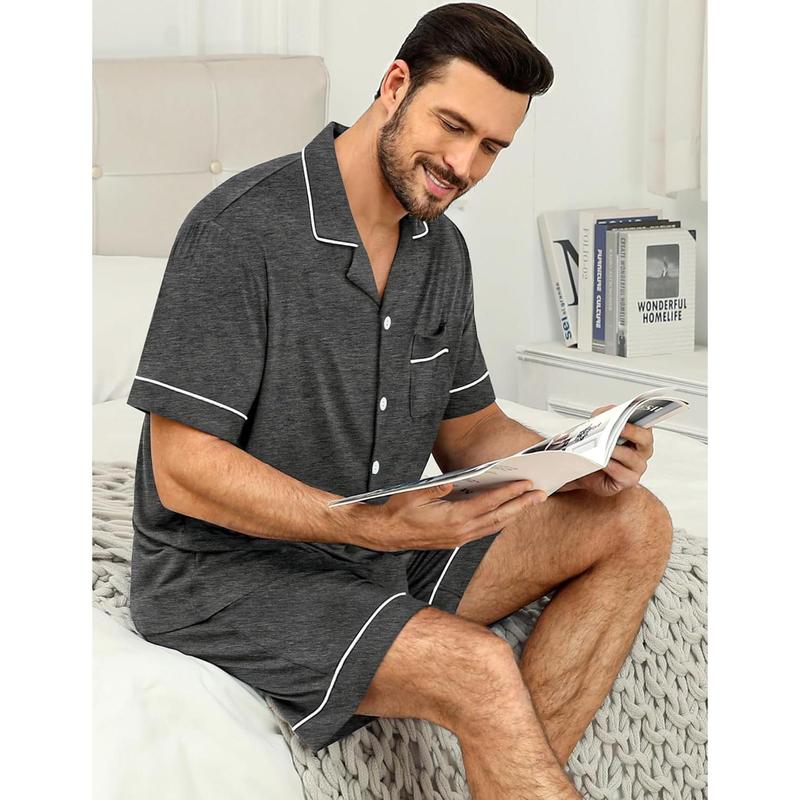 Mens Pajama Sets Short Sleeve Sleepwear Button Down Loungewear Soft Modal Lounge Pjs with Pockets S-XXL