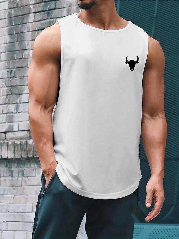 Men's Bull Head Print Round Neck Tank Top, Regular Fit Casual Sleeveless Crew Neck Top for Daily Outdoor Wear, Tank Top for Men, Men's Clothing for All Seasons